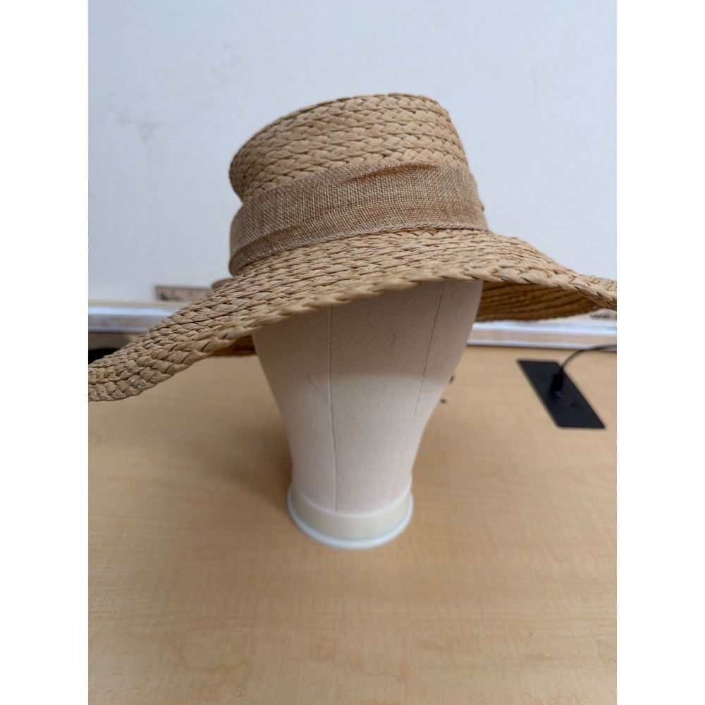 Woven Paper Straw Wide Brim Sun Hat with Burlap Bow Accent Tan Summer Beach Hat